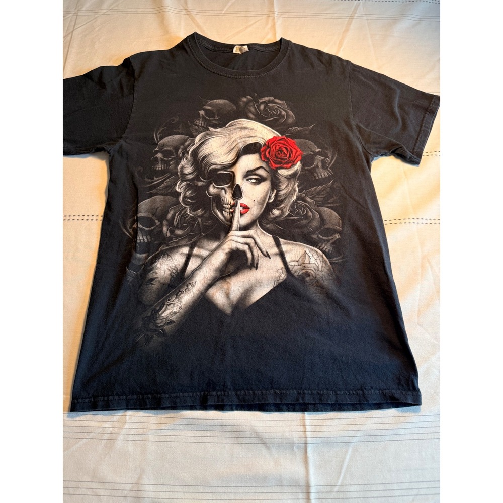 Marilyn Monroe Skull Rose Graphic T-Shirt Black Short Sleeve Rock Gothic Mens S